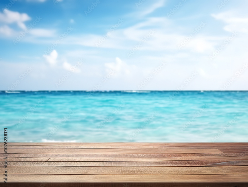 Fototapeta premium Wooden Tabletop Against Sea Background, Free Space for Product Display