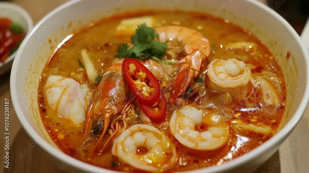 A bowl of spicy Tom Yum soup, topped with seafood and a fiery chili pepper. A bowl of spicy Tom Yum soup, topped with seafood and a fiery chili pepper.