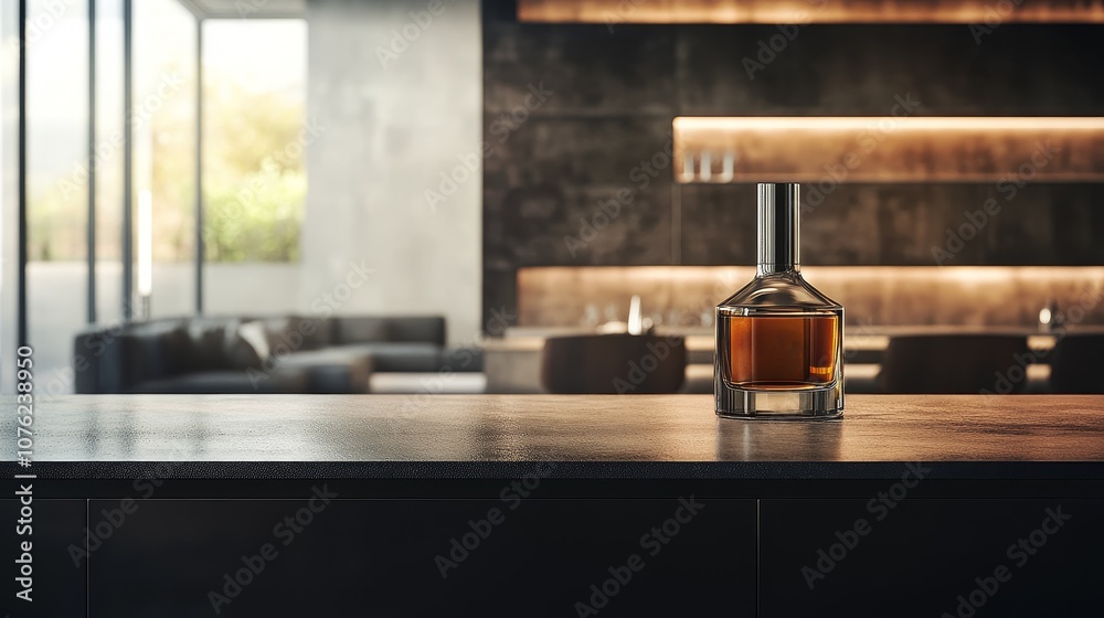A stylish glass bottle of whiskey sits on a sleek countertop in a modern interior space. A stylish glass bottle of whiskey sits on a sleek countertop in a modern interior space.