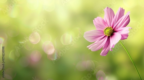 Pink Cosmos Flower in Blurred Green Background