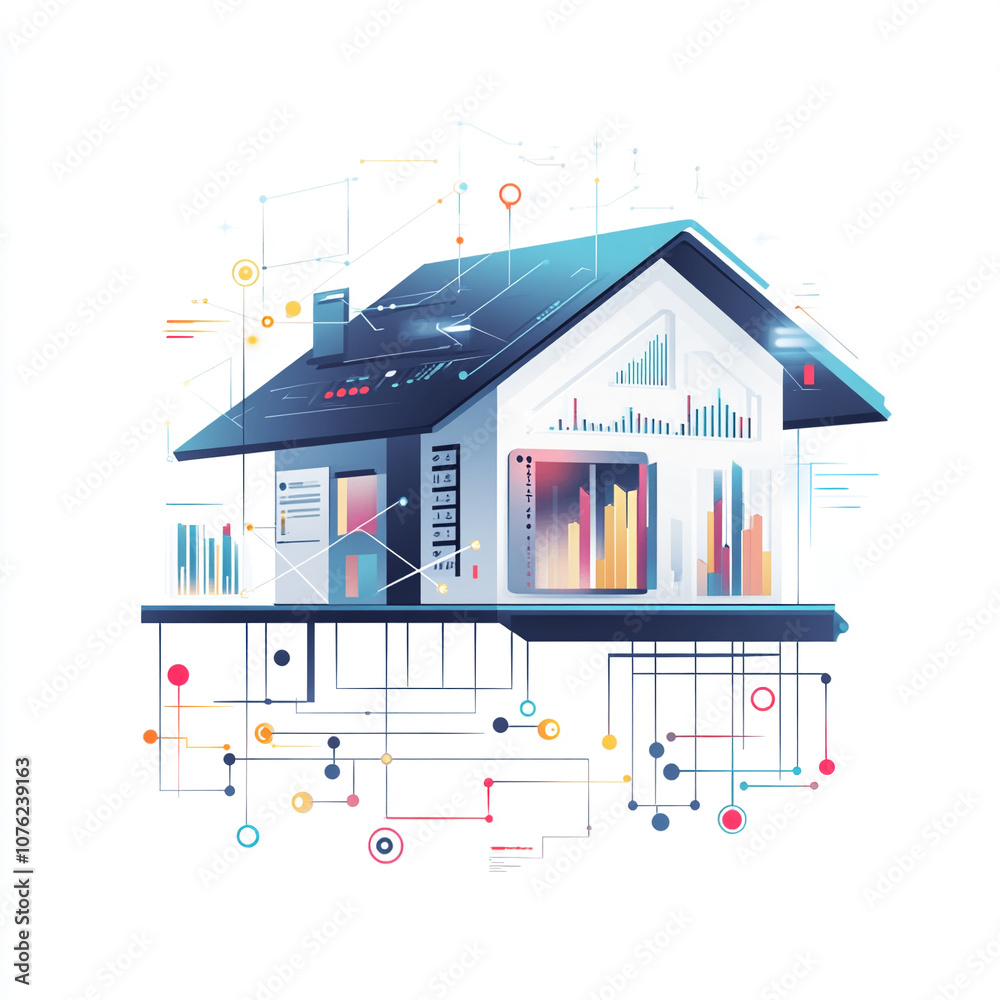 Fototapeta premium project of a private house on a white background in vector style, 2D house built from current data streams and binary code, with precise geometric graphs and diagrams