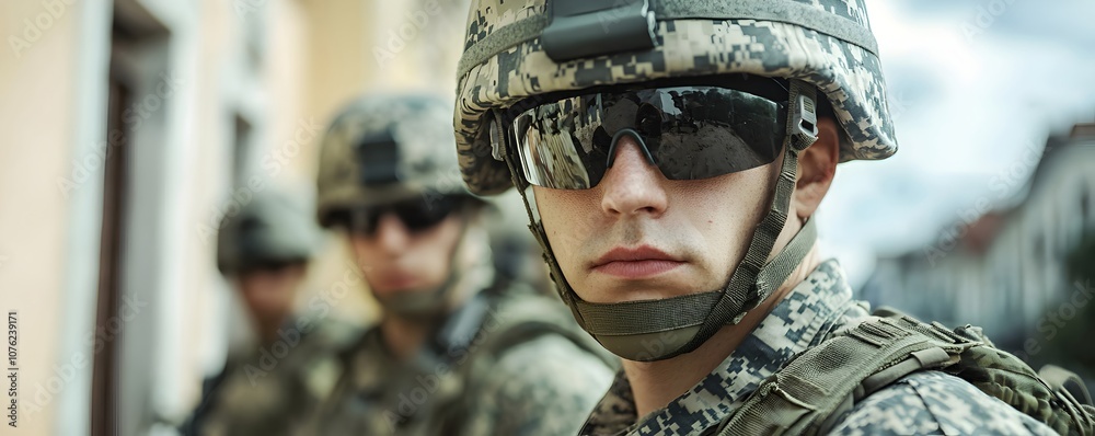 Soldier in Combat Gear with Tactical Sunglasses Soldier in Combat Gear with Tactical Sunglasses