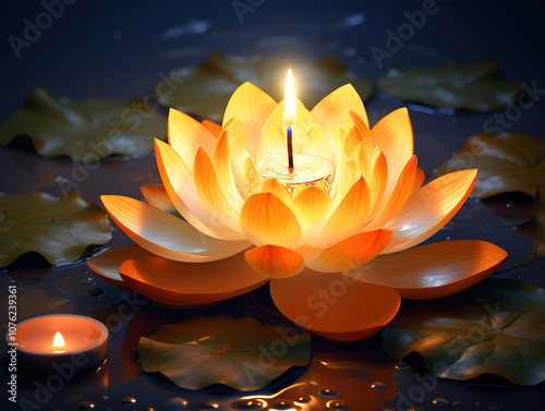 Lotus Flower and Candlelight for Buddha Purnima, Serene Vesak Day Celebration photo