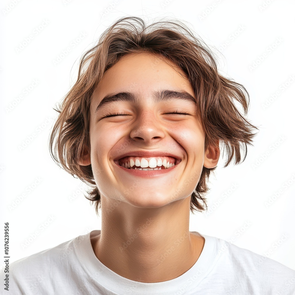 Happy youth with genuine smile, relaxed and joyful expression, positive energy, isolated on white background Happy youth with genuine smile, relaxed and joyful expression, positive energy, isolated on white background