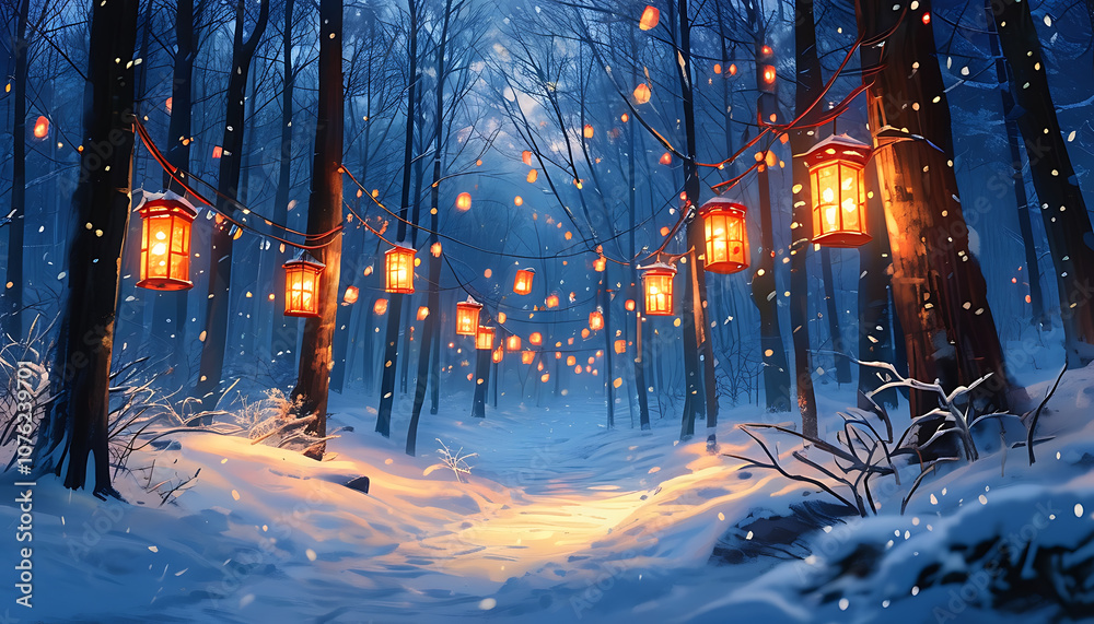 serene snowy forest path illuminated by glowing lanterns serene snowy forest path illuminated by glowing lanterns