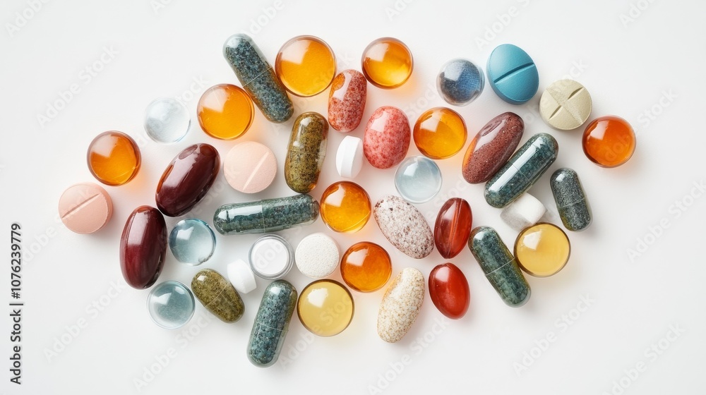 A bunch of pills and multivitamins are shown on a white background. A bunch of pills and multivitamins are shown on a white background.