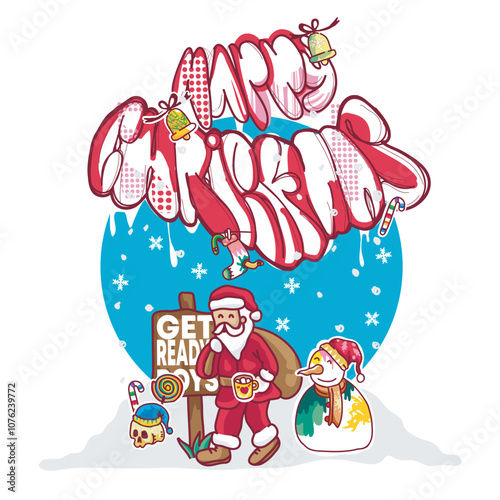 A festive Christmas illustration featuring Santa Claus, a snowman, and the word 