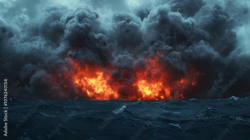 Dramatic Explosion in Ocean with Fiery Clouds Dramatic Explosion in Ocean with Fiery Clouds