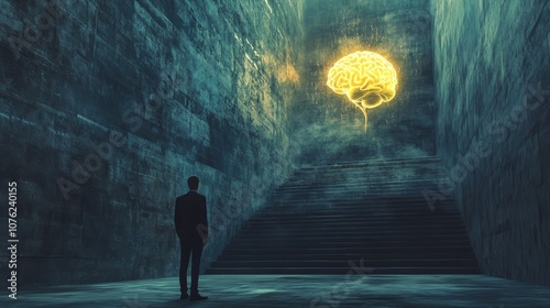 A businessman stands at the bottom of a staircase, looking up at a brightly lit door. The door represents the human brain, and it symbolizes ambition, dreams, imagination, and inspiration.