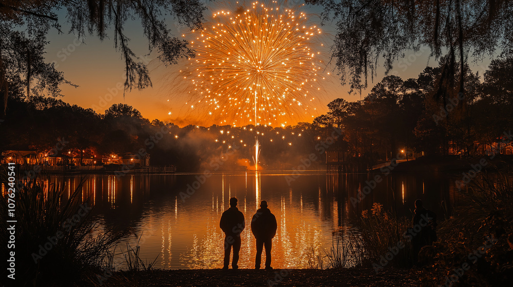 Fototapeta premium Colorful fireworks over a tranquil lake on New Year’s Eve, illuminating the sky with vibrant colors and reflecting beautifully on the water, creating a magical celebration atmosphere.