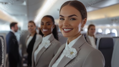 A cabin crew team providing excellent customer service during an international flight, highlighting the professionalism and hospitality of air hostesses photo