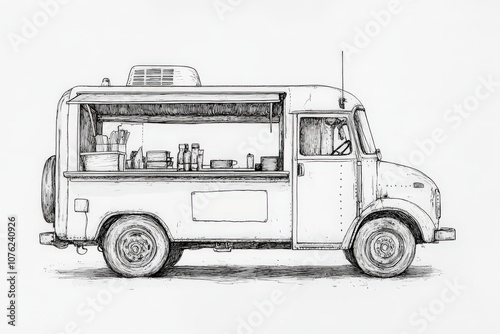 A sketch of a food truck featuring an open side, showcasing various food items and a vintage design.
