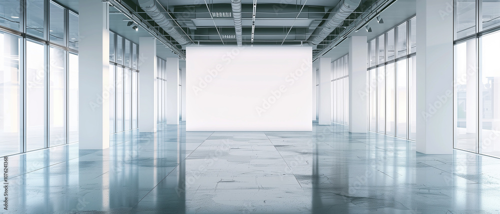 Obraz premium Modern white open plan office space with blank canvas.