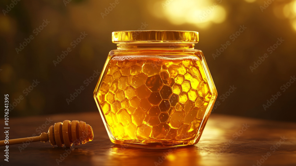 Pure honey in a unique hexagonal-shaped jar. Pure honey in a unique hexagonal-shaped jar.
