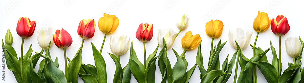 Fototapeta premium Red, yellow and white tulip flowers and leaves border isolated on a flat background.