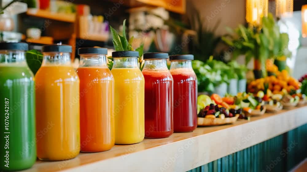 A row of juice bottles on a counter