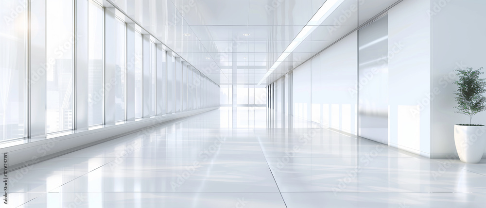 Bright, modern office hallway with large windows and city views. Bright, modern office hallway with large windows and city views.