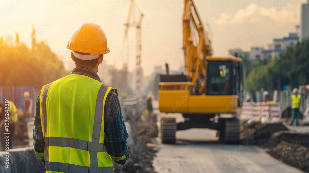 Road construction in progress at the site of a new expressway. A civil engineer is overseeing the project. Road construction in progress at the site of a new expressway. A civil engineer is overseeing the project.