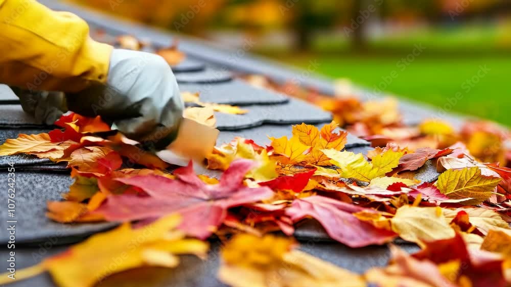 A person is raking leaves off a roof A person is raking leaves off a roof