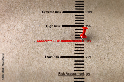 Red pin on paper with word moderate risk scale. Concepts of management analysis and assessment of financial and security risks. photo