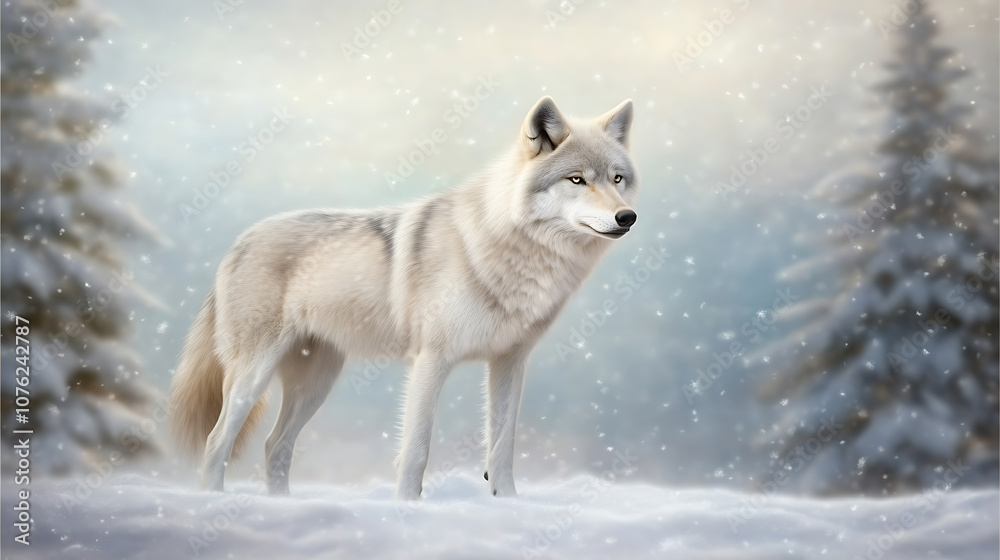 Obraz premium A lone gray wolf standing in a snowy forest, its fur dusted with snowflakes as it gazes into the distance. Snow-covered pines and a soft blue sky fill the background