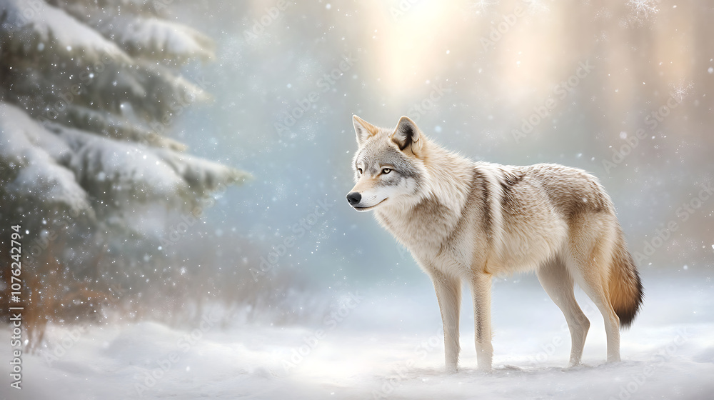 Obraz premium A lone gray wolf standing in a snowy forest, its fur dusted with snowflakes as it gazes into the distance. Snow-covered pines and a soft blue sky fill the background