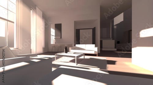 a beautifully rendered 3d view of a modern room, showcasing contemporary furniture and decor elements, creating a stylish and inviting space photo