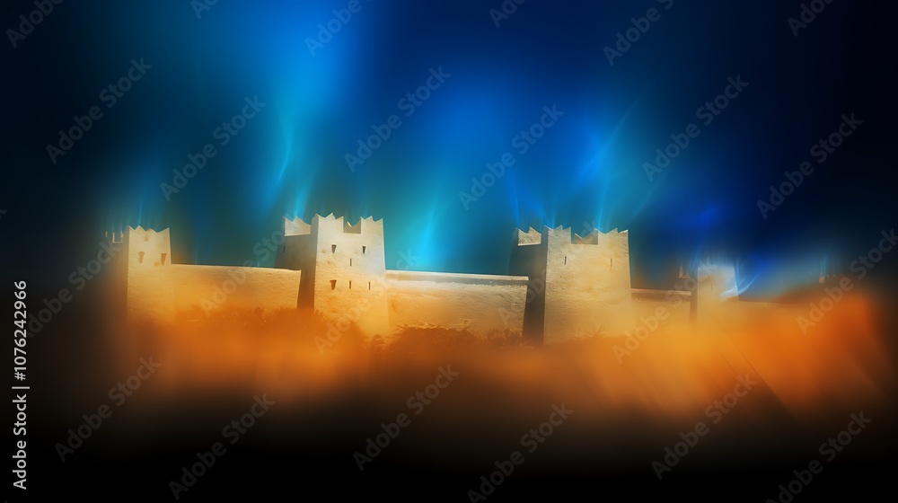 Whitewashed Castle Towers with Blue Lights and Orange Mist Whitewashed Castle Towers with Blue Lights and Orange Mist