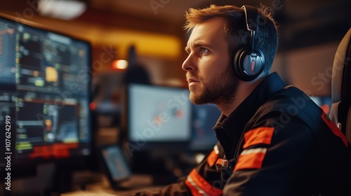 A firefighter in a command center, coordinating emergency response efforts with colleagues on a large incident.