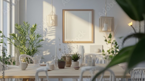 Wallpaper Mural A beautifully styled farmhouse dining room, showcasing a mockup frame elegantly displayed on a rustic wooden table, surrounded by soft textiles, greenery, and warm lighting, embodying a cozy and Torontodigital.ca