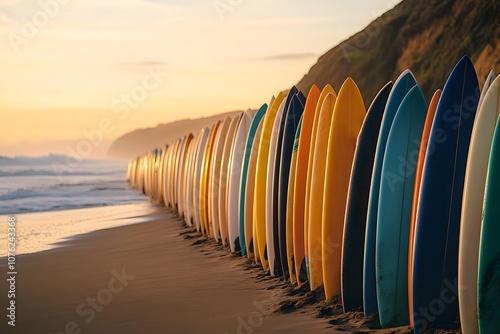 Set of different color surf boards in a stack by ocean Bali Indonesia. Surf boards on sandy beach for rent. Surf lessons on Weligama beach, Sri Lanka. photo