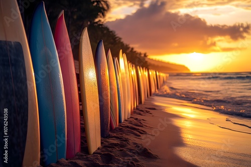 Set of different color surf boards in a stack by ocean Bali Indonesia. Surf boards on sandy beach for rent. Surf lessons on Weligama beach, Sri Lanka. photo