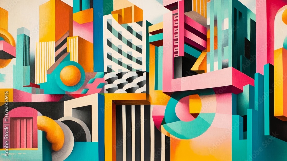 A colorful abstract background with blocks and shapes that look like buildings, creating an optical illusion. A colorful abstract background with blocks and shapes that look like buildings, creating an optical illusion.