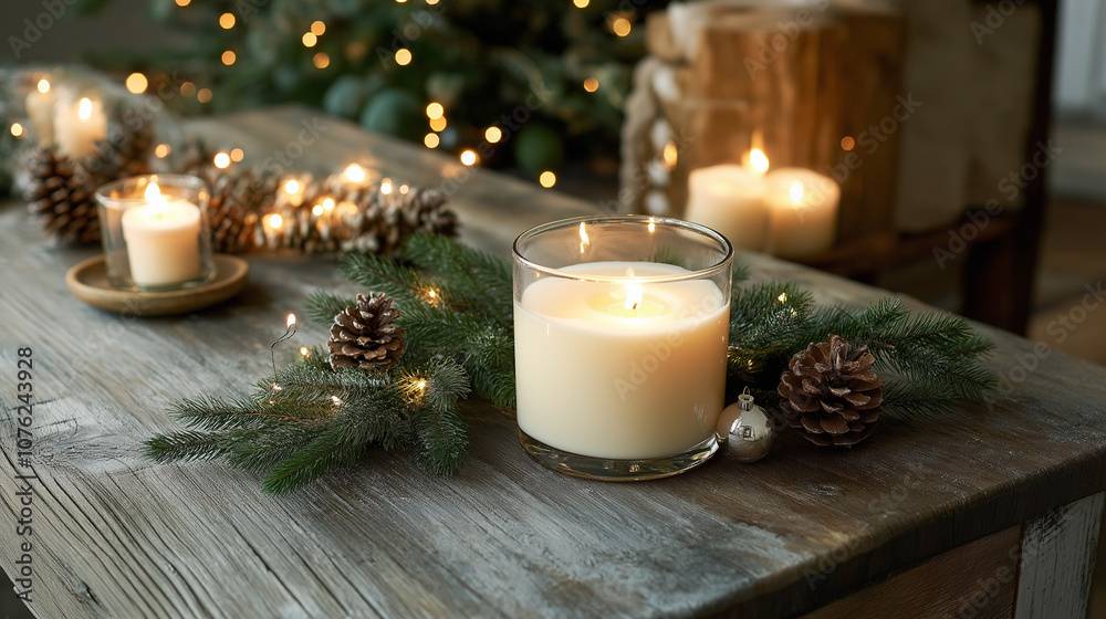 A cozy arrangement of lit candles, pine branches, and pinecones on a rustic wooden table. A few ornaments and small fairy lights are scattered around, casting a warm glow over the setup. The ambiance A cozy arrangement of lit candles, pine branches, and pinecones on a rustic wooden table. A few ornaments and small fairy lights are scattered around, casting a warm glow over the setup. The ambiance