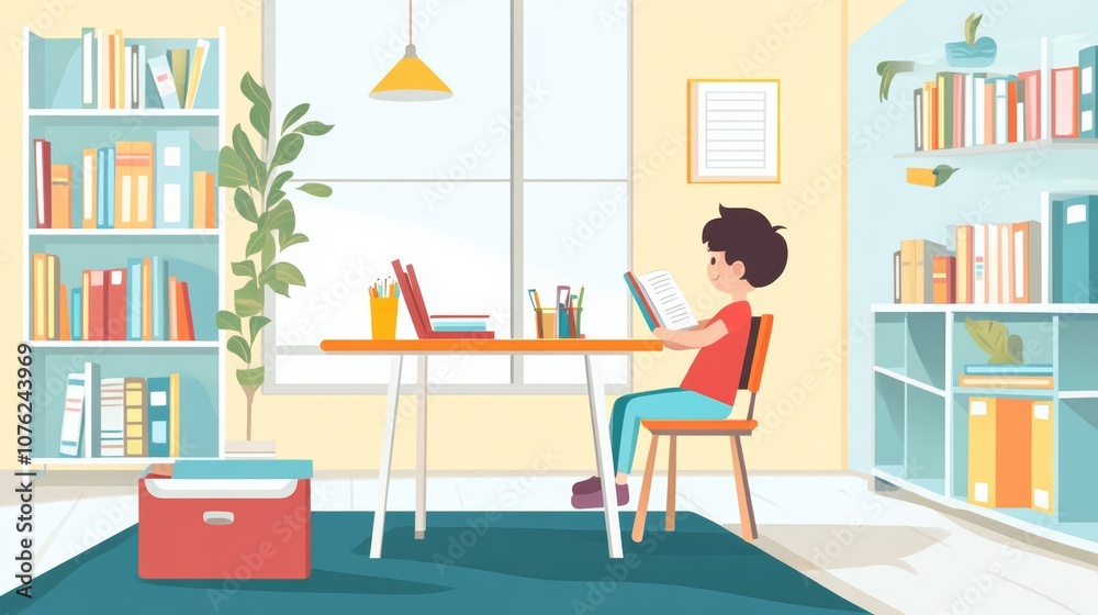 A child reading at a study desk with a lunchbox and bookshelves nearby, set in a clean and organized study room with text space A child reading at a study desk with a lunchbox and bookshelves nearby, set in a clean and organized study room with text space