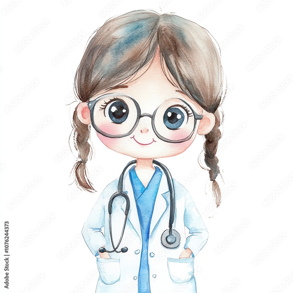 Cute cartoon character of a girl doctor with glasses and a stethoscope, smiling on a white isolated background. Cute cartoon character of a girl doctor with glasses and a stethoscope, smiling on a white isolated background.
