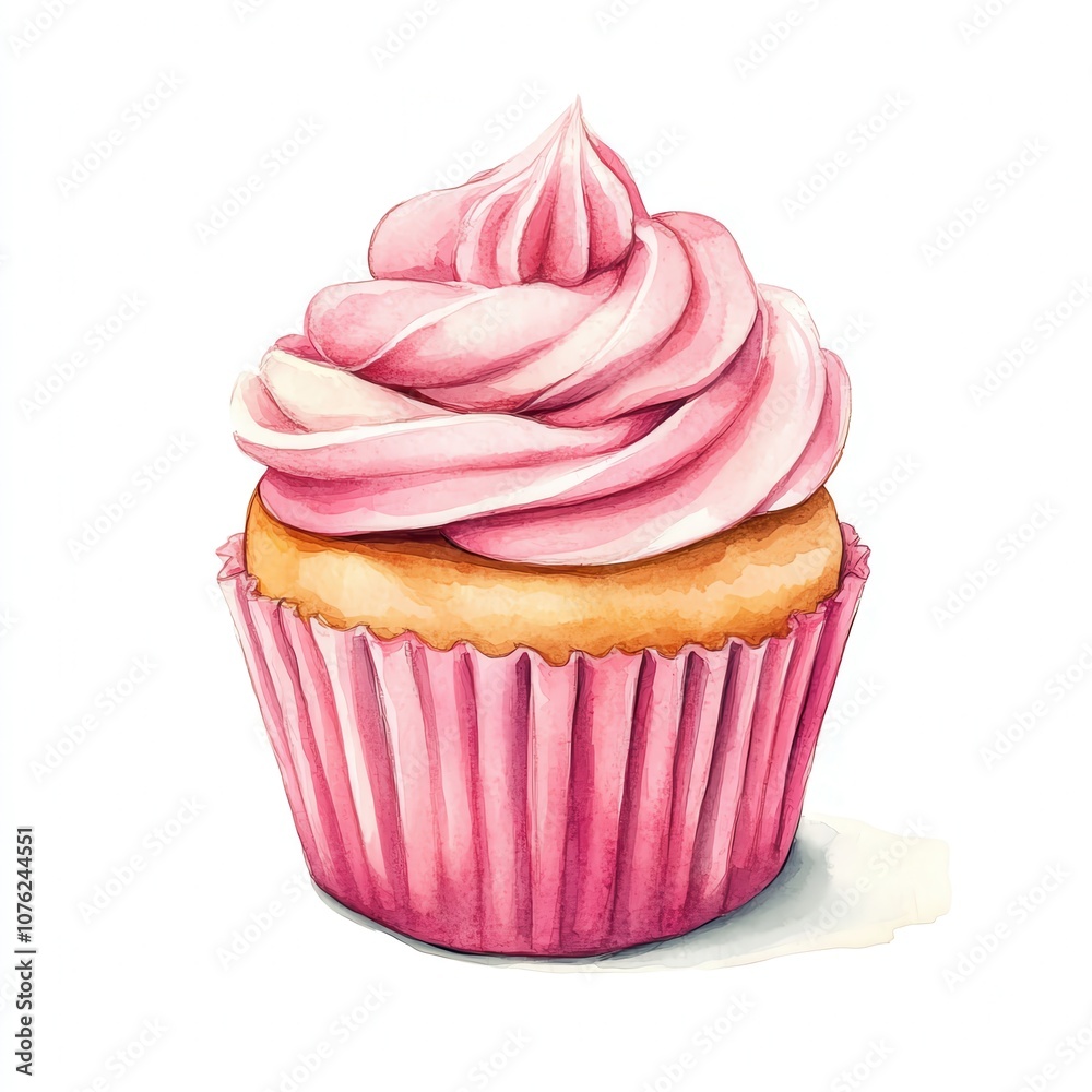 Delicious pink frosted cupcake with a golden base on a white isolated background. Delicious pink frosted cupcake with a golden base on a white isolated background.