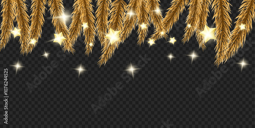 Template for design. Realistic effect. Glow. Christmas branch with Christmas tree decorations and garlands on a transparent background. Sparkling. 3d. Pine ornament. Shine. Cut out. Postcards. Banner