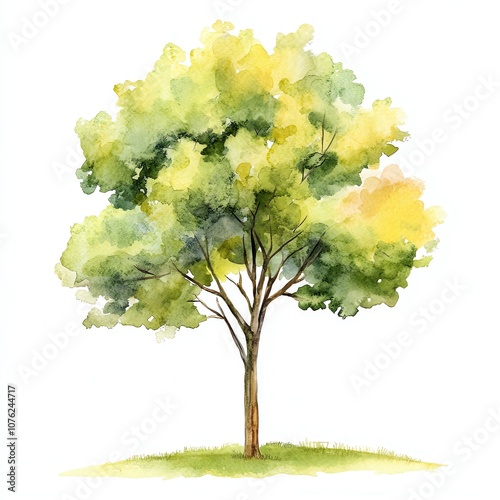 Lush green tree with a vibrant watercolor effect on a white isolated background.