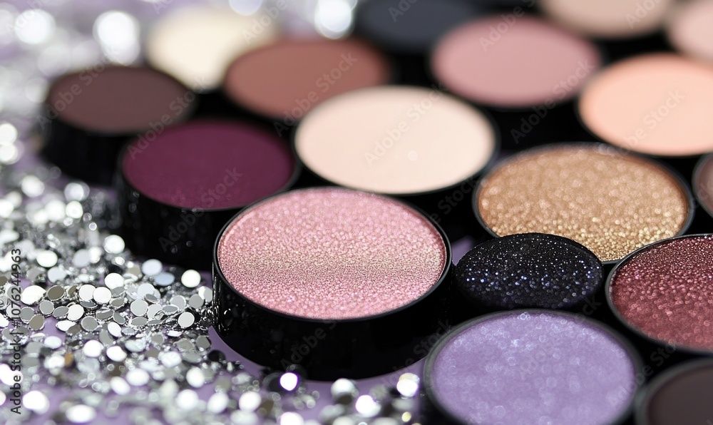 A collection of eyeshadows: pastel pink, soft copper, deep brown, and rich burgundy, with a light scattering of silver confetti A collection of eyeshadows: pastel pink, soft copper, deep brown, and rich burgundy, with a light scattering of silver confetti