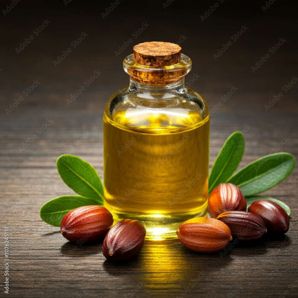 Jojoba oil with a light golden color, accompanied by fresh jojoba seeds and leaves Jojoba oil with a light golden color, accompanied by fresh jojoba seeds and leaves