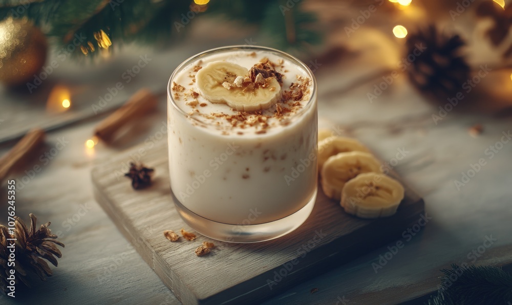 A glass of milk with banana slices on top A glass of milk with banana slices on top