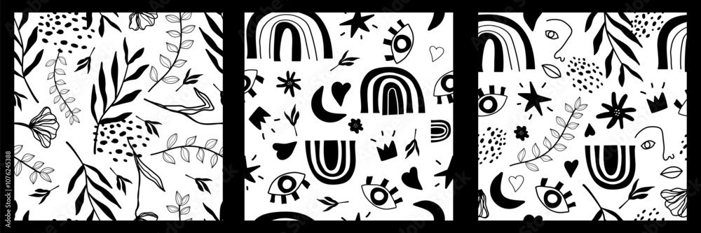 Set of black and white patterns. Floral pattern, children's pattern in a rainbow. Flat vector illustration eps10 Set of black and white patterns. Floral pattern, children's pattern in a rainbow. Flat vector illustration eps10