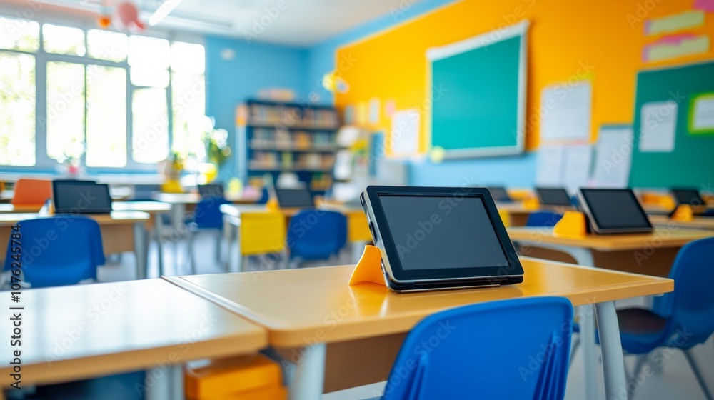 A classroom with smart technology, allowing for digital learning and interactive student engagement with modern tools A classroom with smart technology, allowing for digital learning and interactive student engagement with modern tools