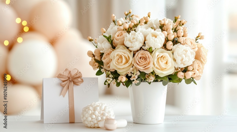 Elegant floral arrangement with roses and peonies in a white vase, accompanied by a beautifully wrapped gift, perfect for celebrations. Elegant floral arrangement with roses and peonies in a white vase, accompanied by a beautifully wrapped gift, perfect for celebrations.