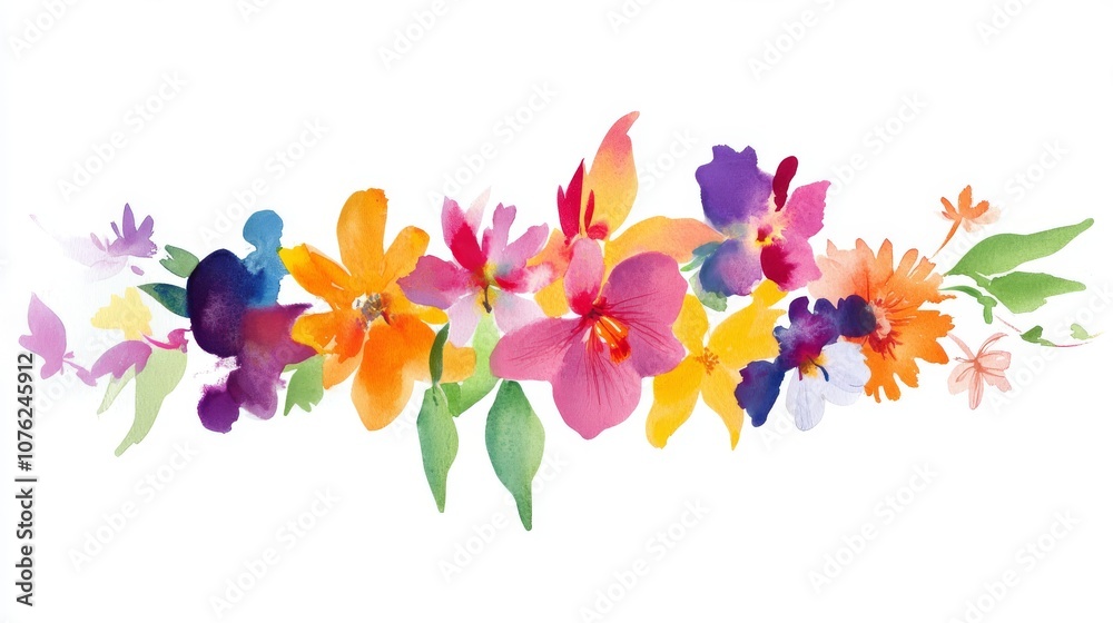 Fototapeta premium a delightful hand-painted watercolor flower border, featuring an array of colorful blooms, perfect for invitations, wedding cards, or birthday celebrations, radiating joy and elegance