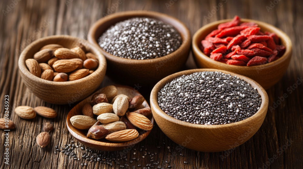 Superfood ingredients like chia seeds, goji berries, and nuts displayed in bowls and spoons on a wooden table. Superfood ingredients like chia seeds, goji berries, and nuts displayed in bowls and spoons on a wooden table.