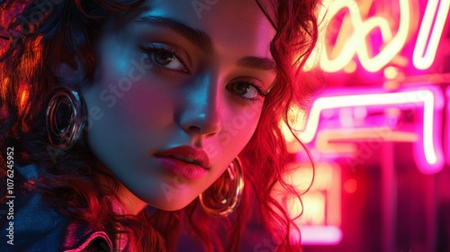 A close-up neon light portrait of a woman, with glowing neon signs in the background, capturing the vibrant, urban atmosphere