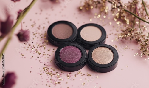 A harmonious set of eyeshadows: soft rose, light taupe, warm bronze, and deep plum, decorated with subtle gold confetti