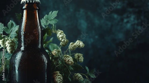 A close-up of a beer bottle and hops on a dark background, emphasizing the ingredients used in craft beer brewing photo